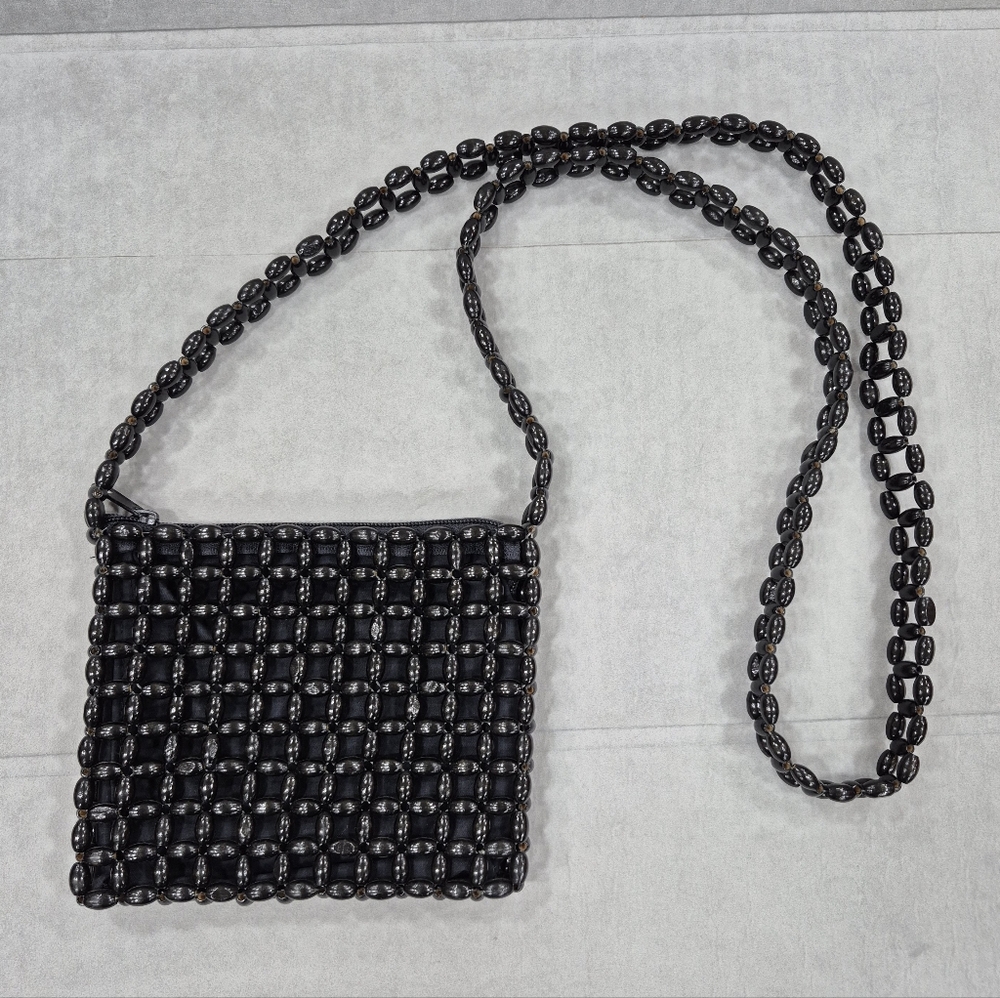 Giannini small crossbody bag purse black wood beads semi-sheer lined zip closure